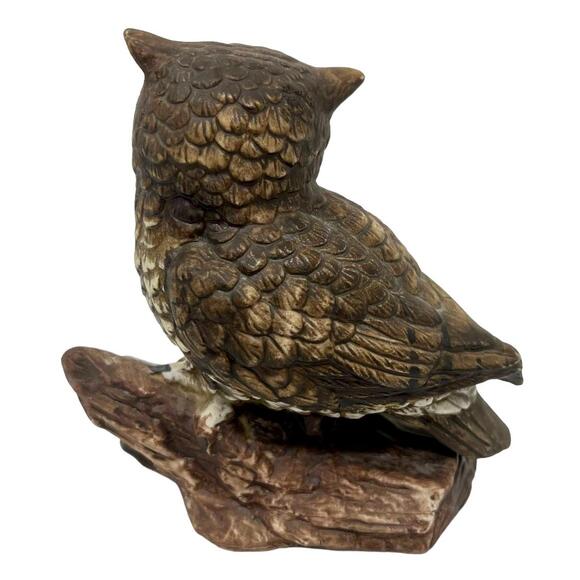 Vintage HOMCO #1114 SET of 2 Great Horned Owls on Branches 5" Bisque Figurines - Picture 9 of 12